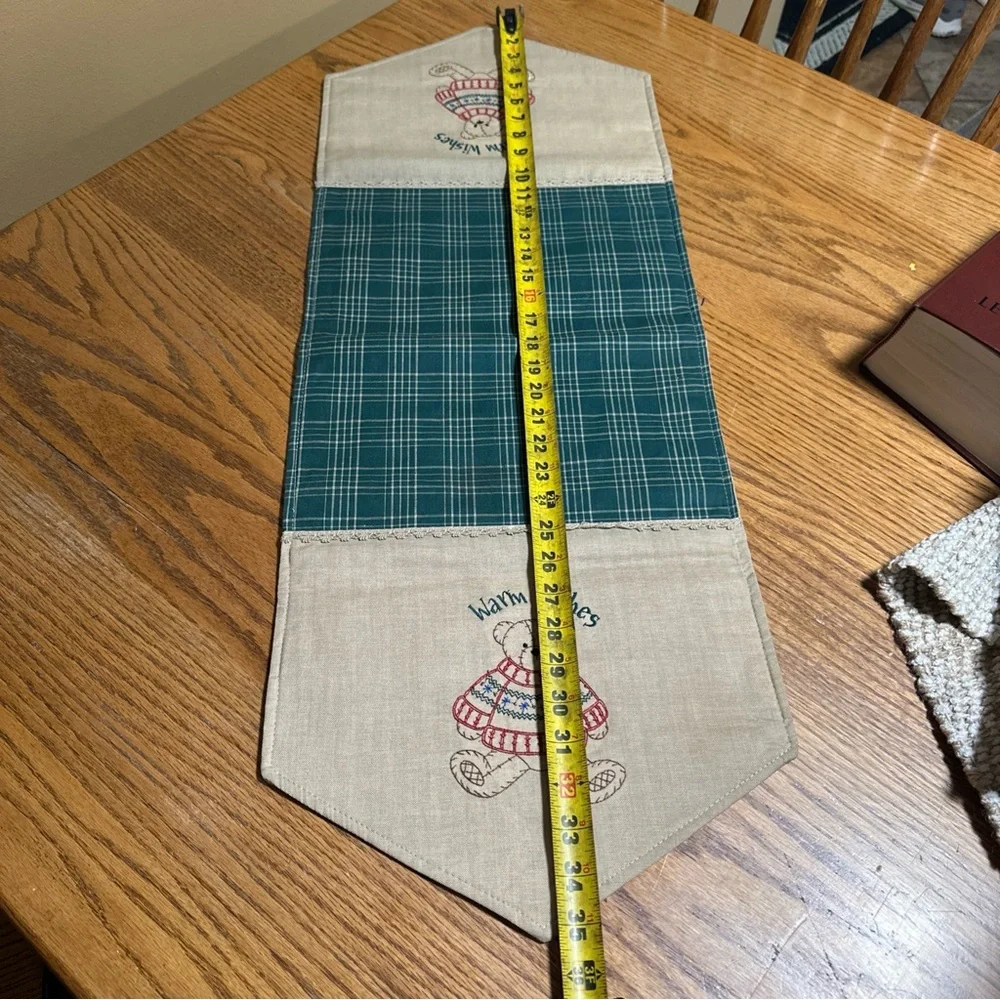 Plaid Table Runner with Bear Embroidery